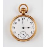 An 18K yellow gold crown wind pocket watch, the white enamel dial having hourly Arabic numeral