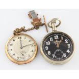 A white metal cased Thomas Armstrong military crown wind pocket watch, the black dial having