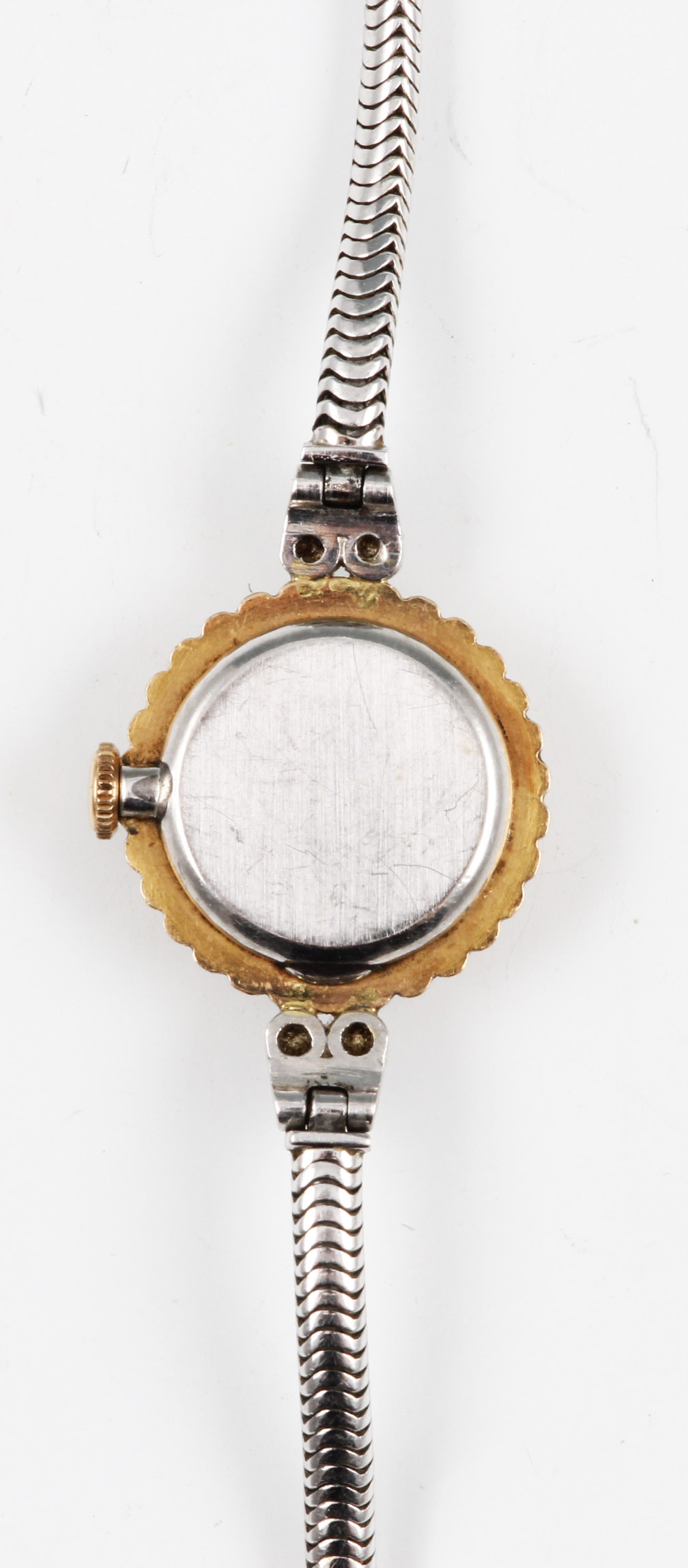 A yellow metal cased Vertex wrist watch, the cream tone dial having hourly baton markers, with bezel - Image 4 of 4