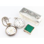 A lot to include a silver Chambers & Sons key wind pocket watch, the white enamel dial having hourly