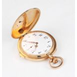 A 15ct gold cased full hunter repeater crown wind pocket watch, having plain case with white