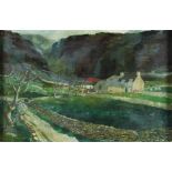 Framed, unsigned, 20th Century oil on board, stone walled farmstead, in a mountainous landscape,