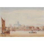 *SAMUEL OWEN (1768 - 1857) Framed, signed, watercolour on paper, shipping landscape with busy port