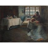 After FRANK BRAMLEY R.A. (1857 - 1915) Framed, bears name, watercolour on paper, interior scene