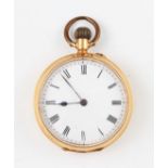 An 18K yellow metal crown wind fob watch, the white enamel dial having hourly Roman numeral