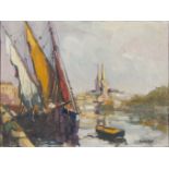 Framed, unsigned, 20th Century oil on canvas, Continental harbour landscape, inscribed 'Louny', with