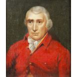 Unframed, unsigned, oil on canvas, bust length portrait of an 18th Century gentleman in red collared