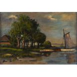 W. C. CRAWFORD. Framed, unsigned, oil on canvas, figure on sailing boat beside cottages, inscribed