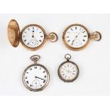 A group of four pocket watches to include; Waltham gold plated hunter pocket watch with black