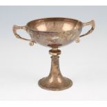 A Mappin & Webb Art Nouveau silver twin handled trophy, the circular bowl of squat tapered form