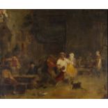 Framed, unsigned, oil on canvas, 19th Century interior genre scene, showing figures merrymaking