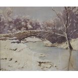 J. HARRIS. Framed, signed, oil on panel, winters river landscape with footbridge and snow covered