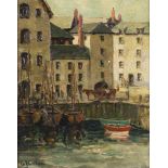 GEORGE J. COTTON. Framed, signed, early to mid-20th Century oil on canvas, busy harbour scene,