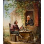 Unframed, unsigned, 19th Century oil on panel, genre scene, showing a man seated outside cottage