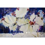 DANIELLE O'CONNOR AKIYAMA. Unframed, signed, Contemporary oil and glaze on canvas, lotus flowers,