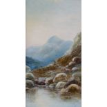 J. MURRAY. A pair of framed, signed, oils on board, river landscapes with figure walking on rocky