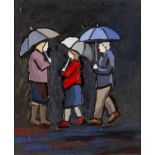 DAVID BARNES. Framed, signed verso, acrylic on board, three figures with umbrellas, 29.7cm x 24.