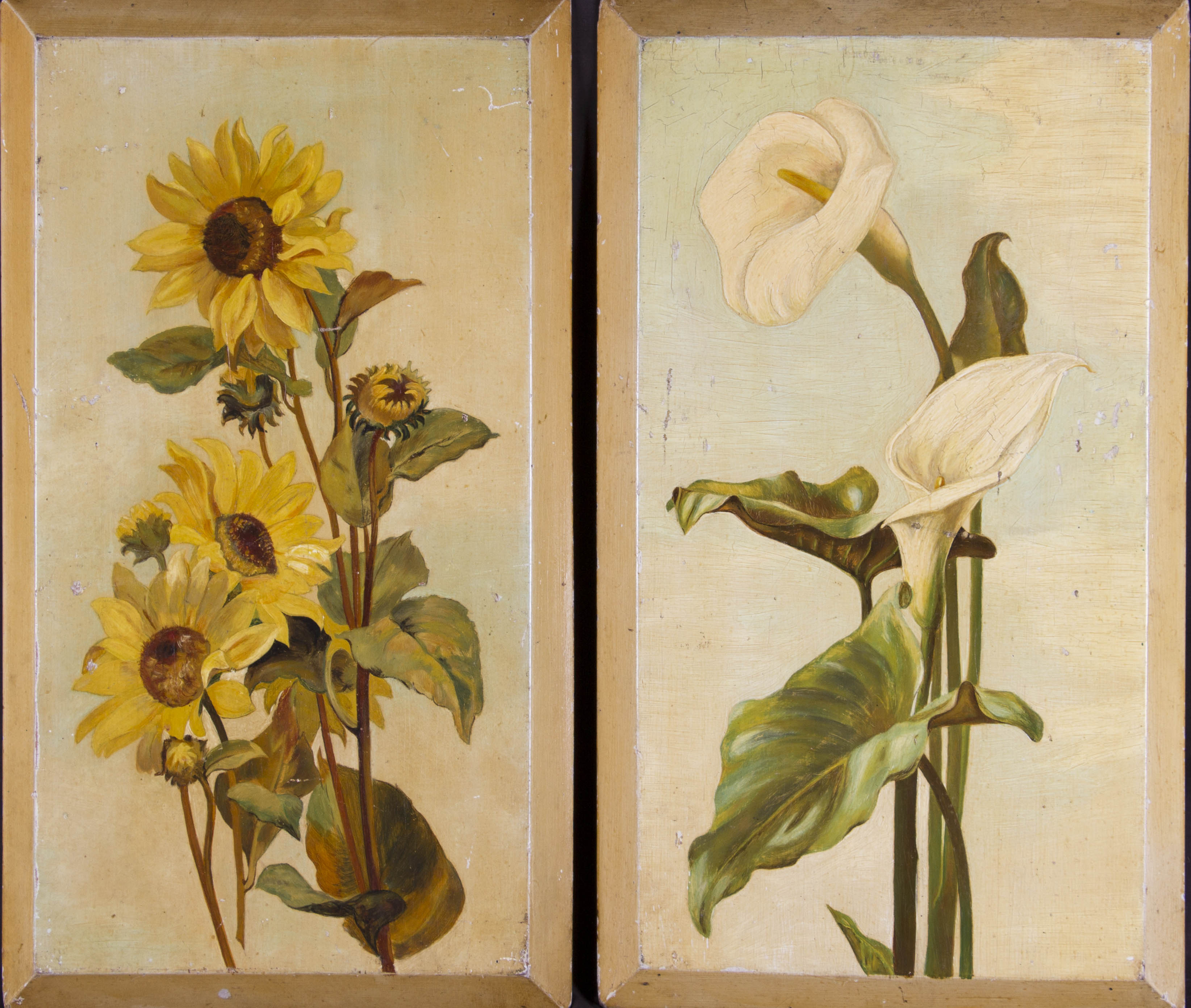 A pair of unframed, unsigned, oils on panel, studies of flowers, one showing white lilies, the other