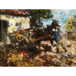 J. F. SLATER. Framed, signed, oil on board, figure with horse and cart in farm yard, 35cm x 45.7m.