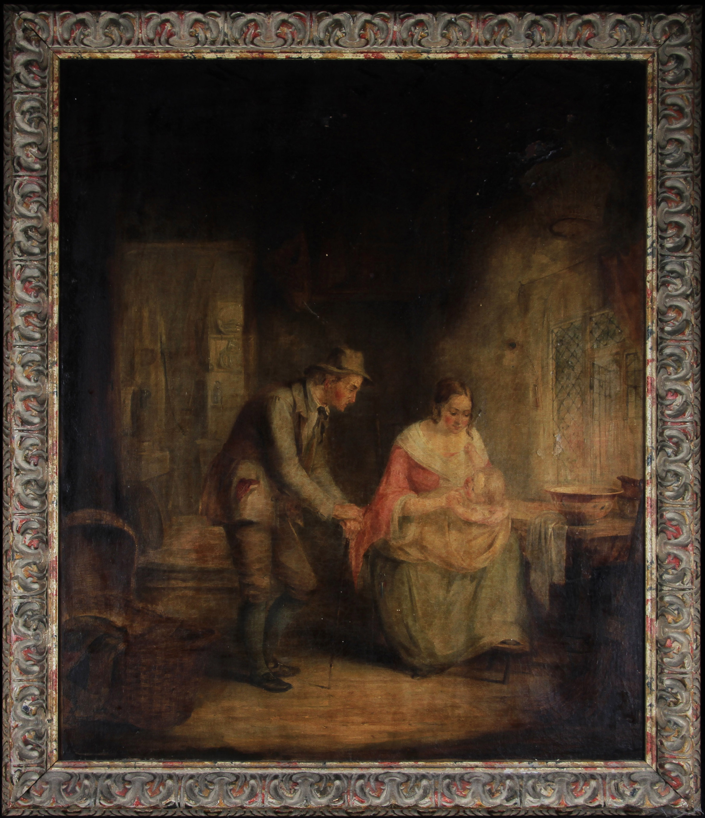 Framed, unsigned, 19th Century German School, oil on canvas, interior genre scene with seated mother - Image 2 of 2