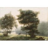 Unframed, unsigned, 19th Century oil on panel, two figures in extensive landscape on the edge of