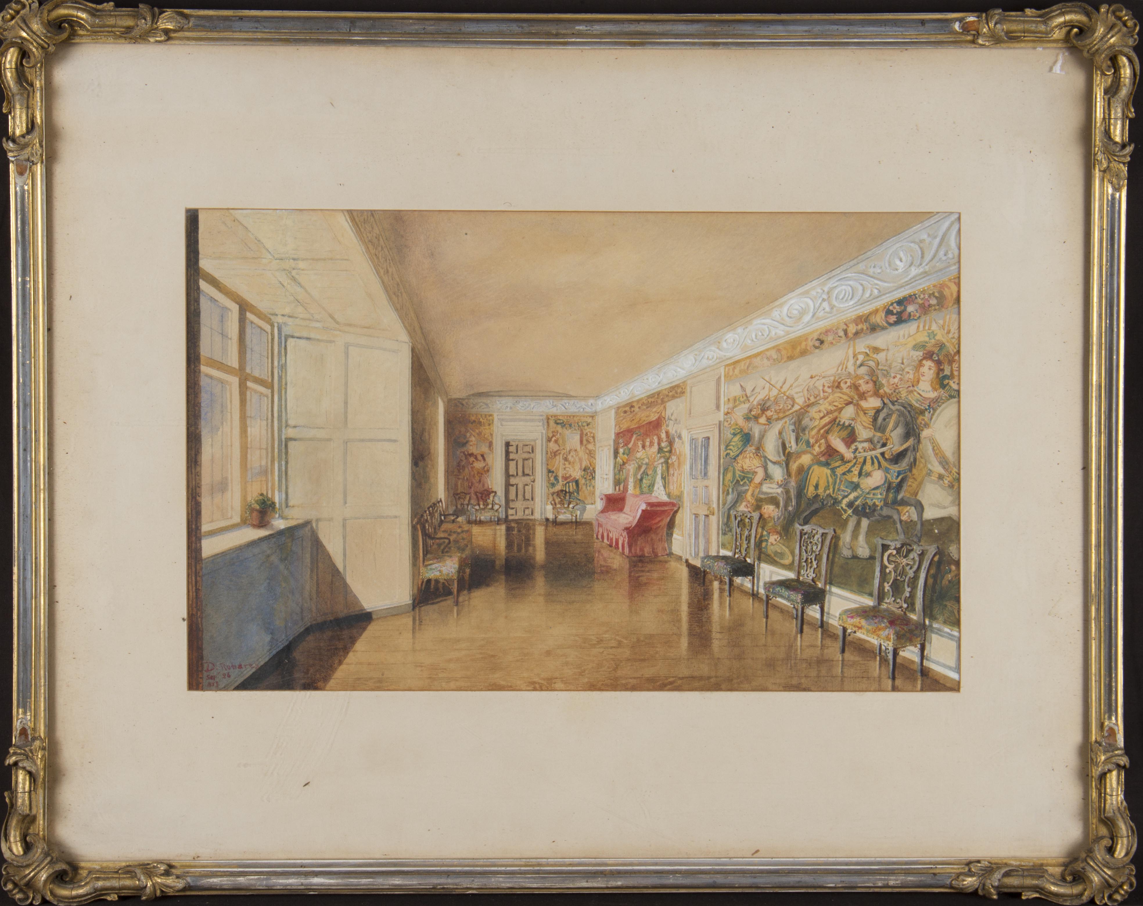 D. ROBERTS. Framed, signed, dated 'Sep 26 1853', watercolour on paper, heightened with white, room - Image 2 of 2