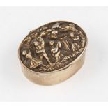 A Continental white metal pill box, featuring raised relief to lid depicting European figurative