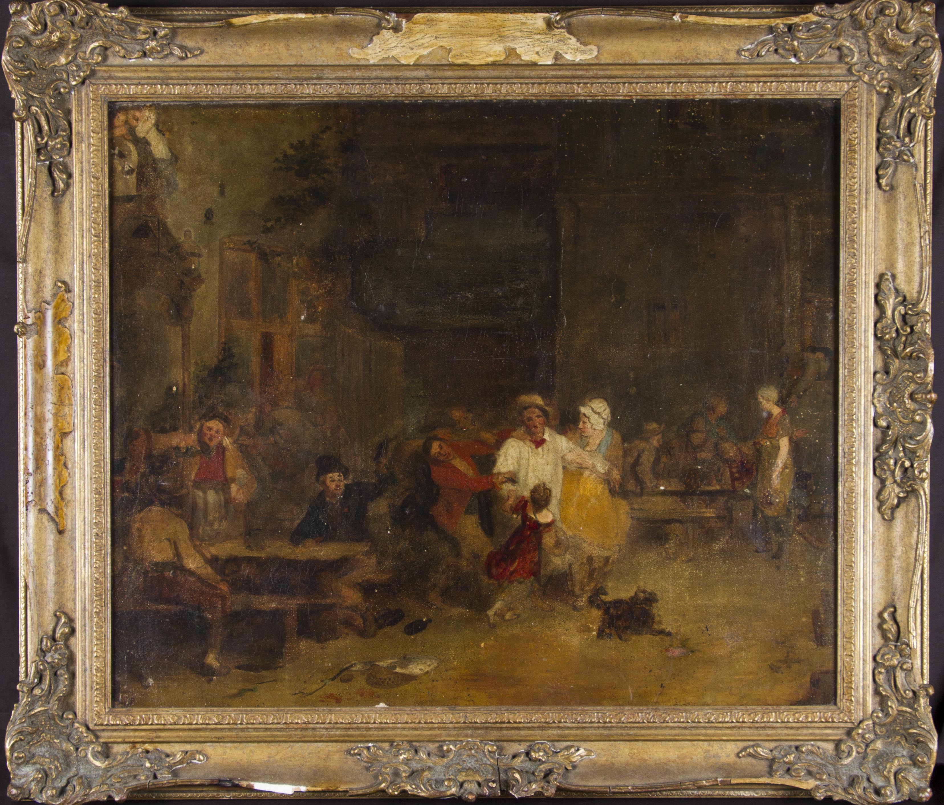 Framed, unsigned, oil on canvas, 19th Century interior genre scene, showing figures merrymaking - Image 2 of 2