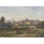 T. F. BARRETT. Framed, signed, oil on board, English countryside scene with figure and two grazing