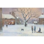 MICHAEL MATTHEWS (b. 1933) Framed, signed, oil on panel, snowy winter scene with children and dog