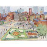 SUE ATKINSON (b. 1949) Framed, signed, Naive gouache on paper, Leeds urban landscape scene with