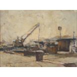 Circle of FRANK MYERS BOGGS (1855 - 1926) Framed, bears name, oil on board, industrial harbour scene