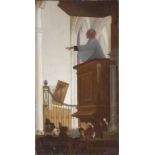 Unframed, unsigned, oil on canvas, early 20th Century German School, church interior with priest