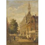 Framed, unsigned, Dutch oil on canvas, street scene with church tower and figures in street below,