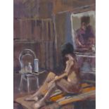 ERIC WARD (b. 1945) Framed, signed, gouache on paper, interior scene with female nude sitting on a