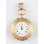 A 14ct yellow gold crown wind pocket watch, the white enamel dial having hourly Roman numeral
