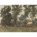 T. F. BARRETT. Framed, signed, oil on board, two figures walking through grassy woodland
