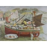 DAVID GENTLEMAN (b. 1930) Framed, coloured lithograph on paper, titled, 'Cornish Pilchard Boat',