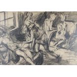 Circle of LEON KOSSOFF (b. 1926) Framed, unsigned, charcoal on paper, nude figures in a room