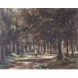 T. F. BARRETT. Framed, signed, oil on board, showing woman in dense woodland clearing, carrying a