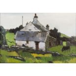 Framed, unsigned, oil on board, 20th Century farmstead scene in rural landscape with cows grazing