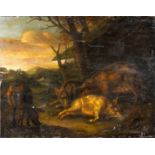 Unframed, unsigned, 19th Century oil on panel, study of four pigs in an extensive landscape,