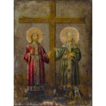 Unframed, oil on panel, 19th Century religious icon, probably Greek Orthodox, depicting two saints