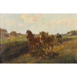 EVELYN ? Framed, signed, oil on canvas, 20th Century farming scene with two horses and figure