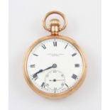 A 9ct yellow gold Thomas Russell & Son crown wind pocket watch, the white enamel dial having