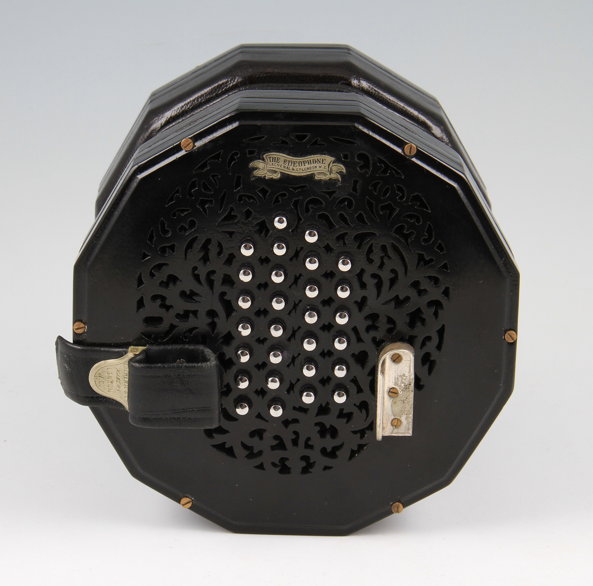 A Lachenal & Co 'The Edeophone' concertina, with black ebonized body with fretwork end sections with - Image 2 of 3