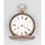 A silver key wind full hunter pocket watch with fusee movement, the white enamel dial having