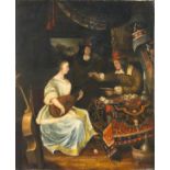 Unframed, unsigned, 20th Century oil on panel, 17th Century interior scene showing a seated woman