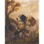 Unframed, unsigned, 19th Century English School, oil on canvas, hunting scene showing two gun dogs