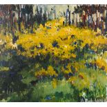 Framed, indistinctly signed, 20th Century oil on board, Modernist wooded landscape with dense yellow